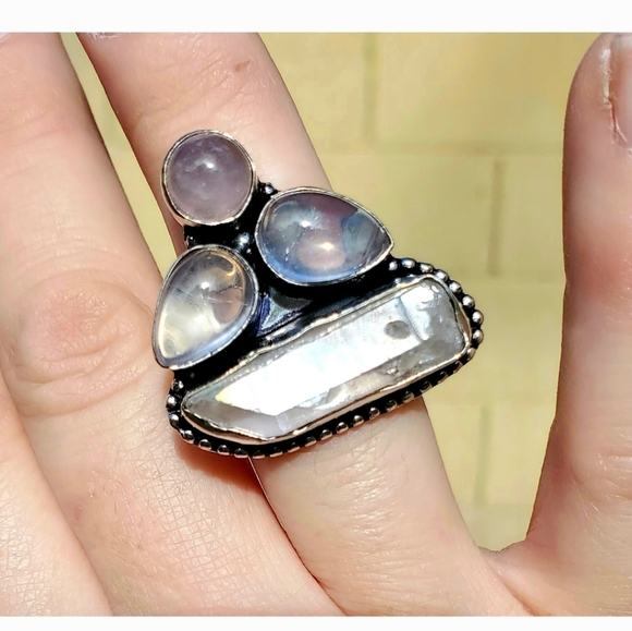New Rose Quartz & Aura Quartz Crystal 925 Silver Ring. - Picture 10 of 13